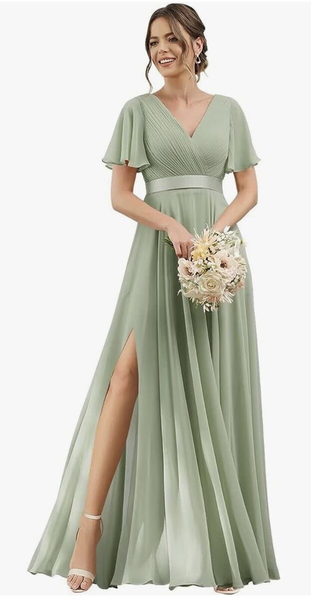 sage green maid of honor dress AW.Bridal A-line V-Neck Floor Length Sleeveless Spaghetti Straps Bows Pleat Split Long Bridesmaid Dresses Size 4 line evening dress features pleated chiffon layers Sage Green Bridesmaid Dresses |